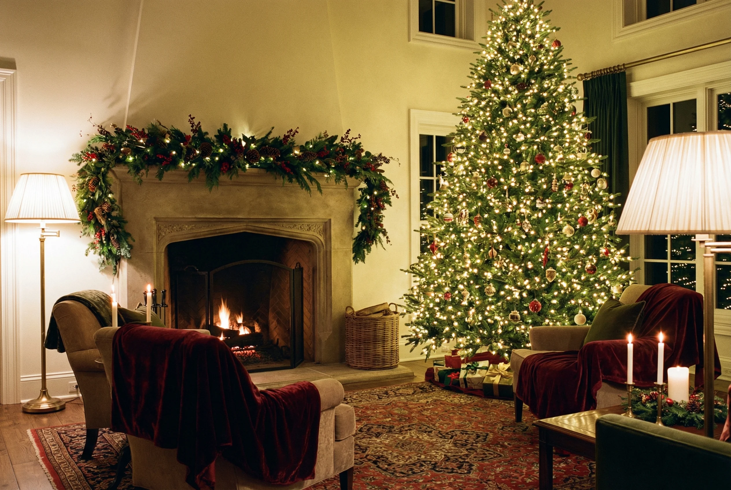 Cozy living room with indoor warm white Christmas lights