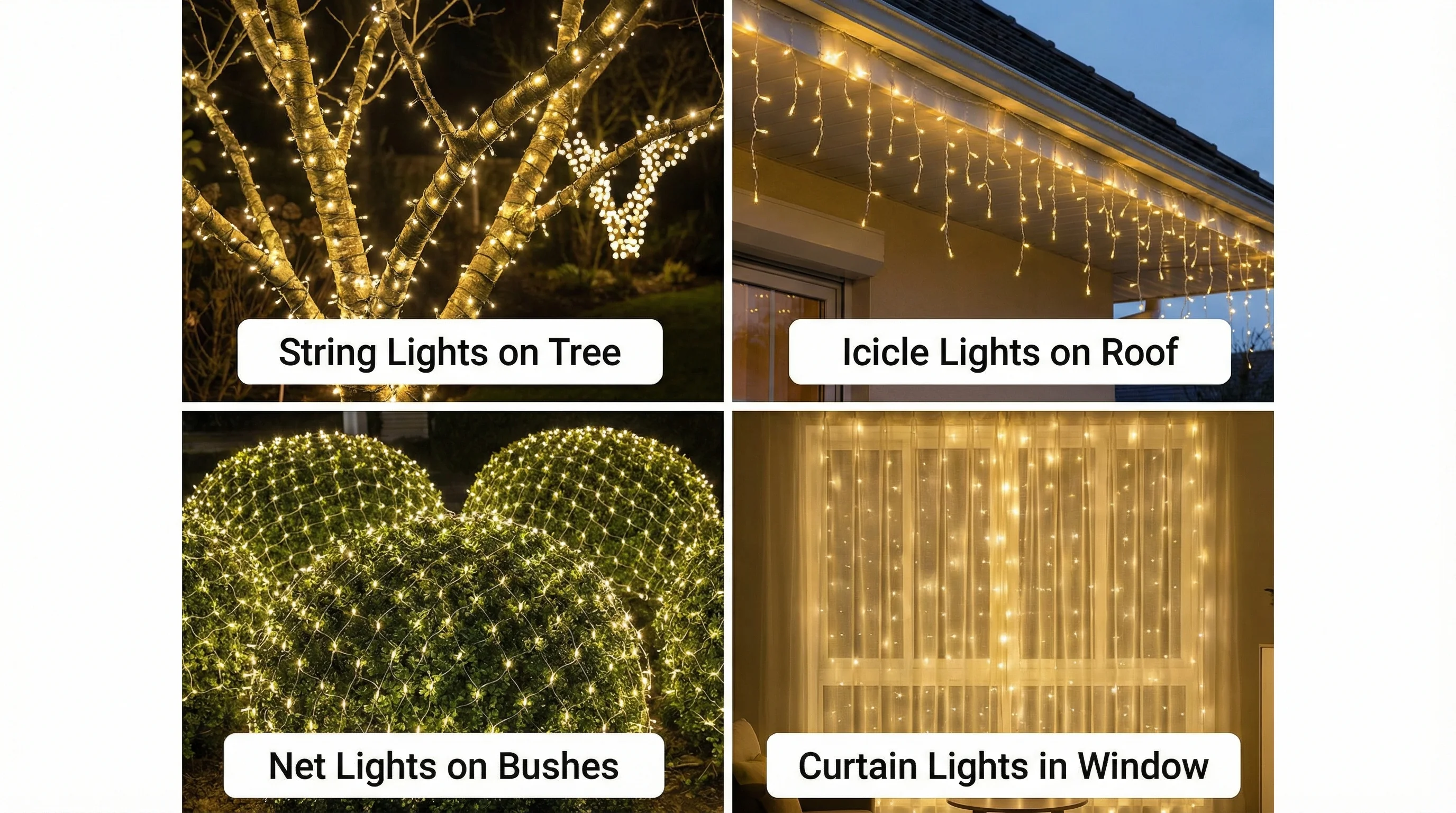 Comparison of string lights, icicle lights, net lights, and curtain lights