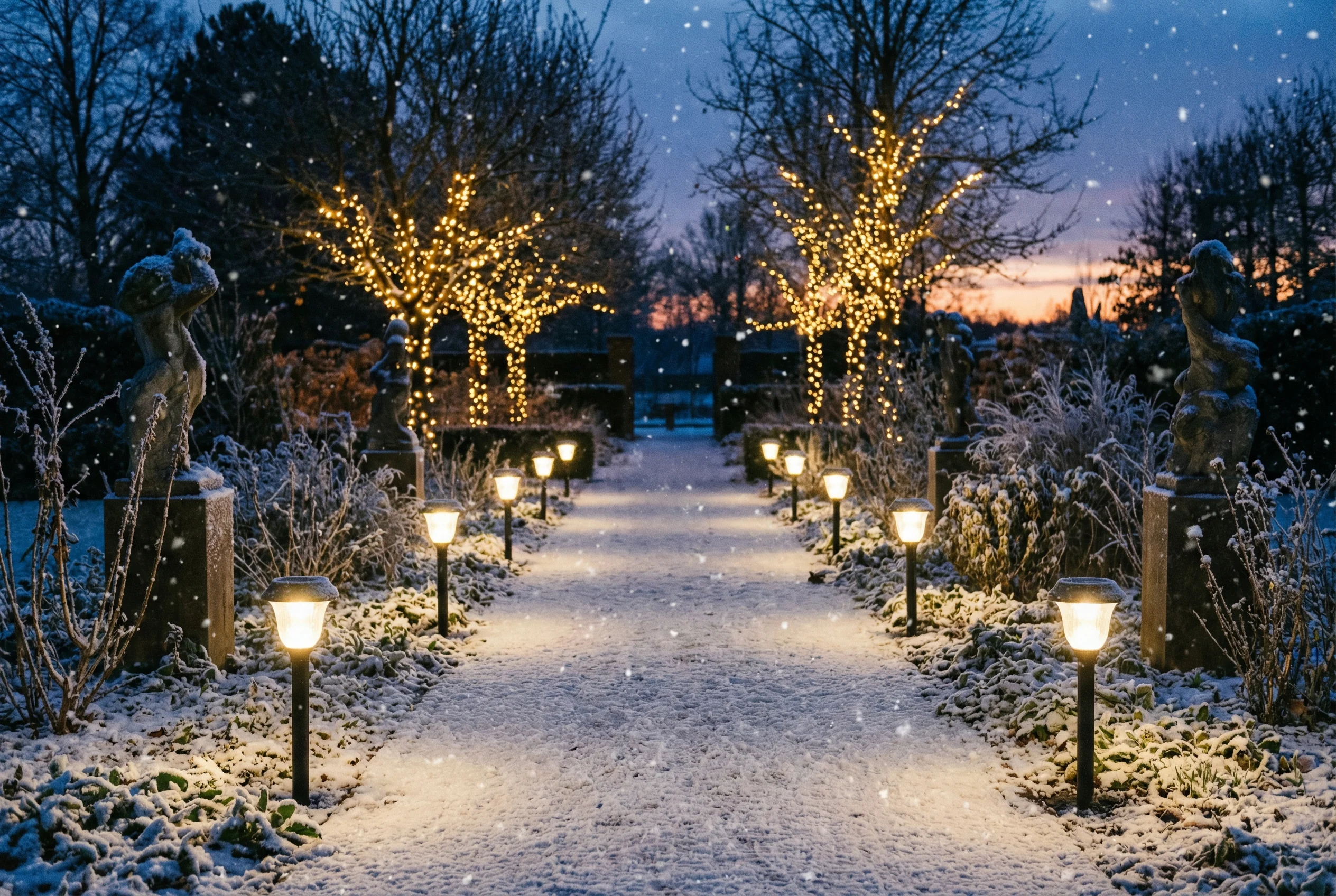 Solar-powered LED Christmas lights illuminating garden pathway