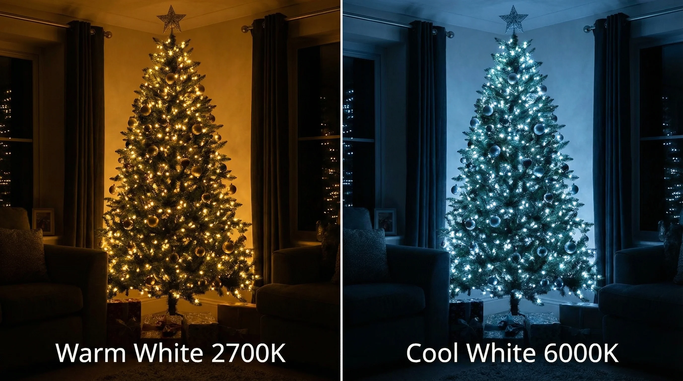 Side-by-side comparison of warm white vs cool white LED Christmas lights